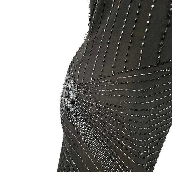 70s Oleg Cassini Black Silk Maxi Sheath Intricate Beading Open Back Womens Sz 6 - Picture 7 of 13